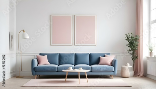 Interior mockup In a white room a blue sofa is placed next to a photo frame on the wall