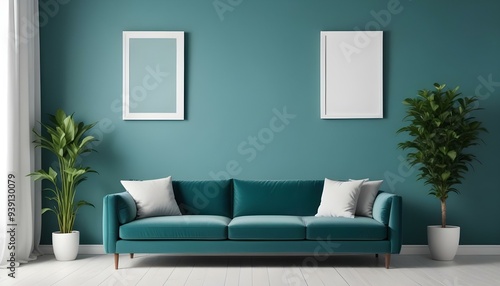 Interior mockup In a white room a blue sofa is placed next to a photo frame on the wall