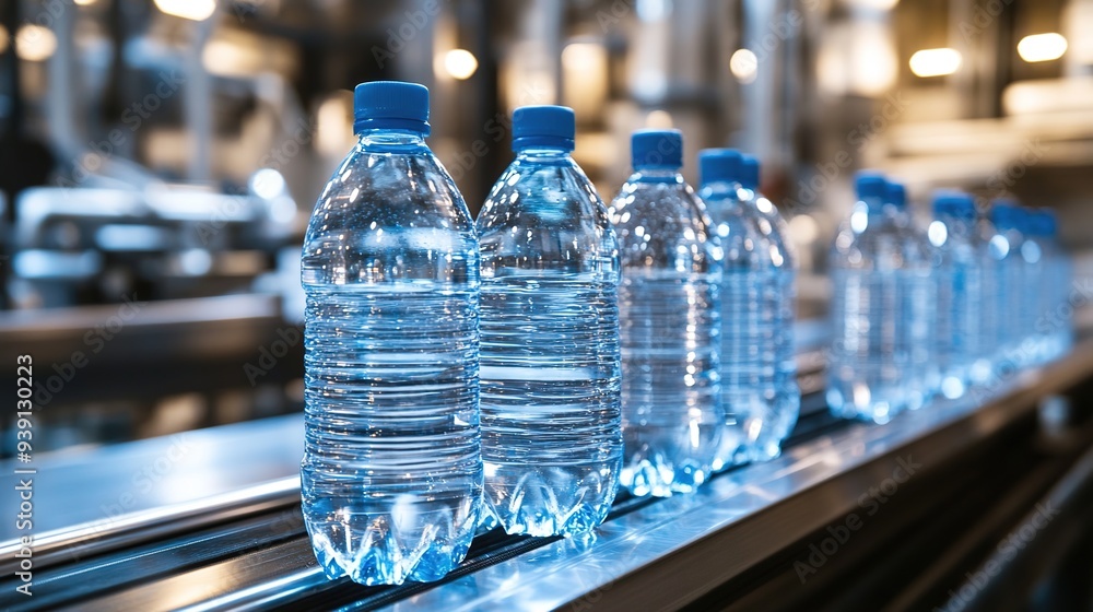Automated Production Line in a Modern Bottling Factory: Clear Plastic Drinking Water Bottles Moving on a Conveyor Belt. Automated Production Line in a Modern Bottling Factory: Clear Plastic Drinking Water Bottles Moving on a Conveyor Belt.