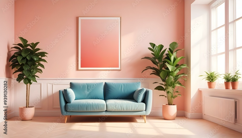 Interior mockup In a white room a blue sofa is placed next to a photo frame on the wall Interior mockup In a white room a blue sofa is placed next to a photo frame on the wall