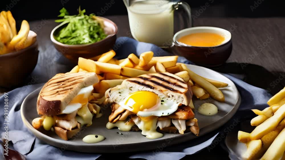 Deliciously indulgent brunch plate with eggs toast and fries Deliciously indulgent brunch plate with eggs toast and fries