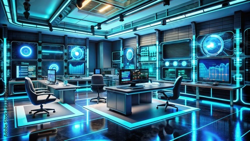 Futuristic research facility filled with high-tech equipment, futuristic goggles, and sleek computers, immersed in a futuristic digital environment with neon-lit coding screens.