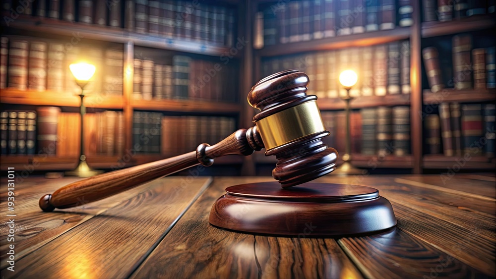 Gavel lying on a wooden desk in a dimly lit courtroom, surrounded by law books and papers, symbolizing justice and legal proceedings. Gavel lying on a wooden desk in a dimly lit courtroom, surrounded by law books and papers, symbolizing justice and legal proceedings.