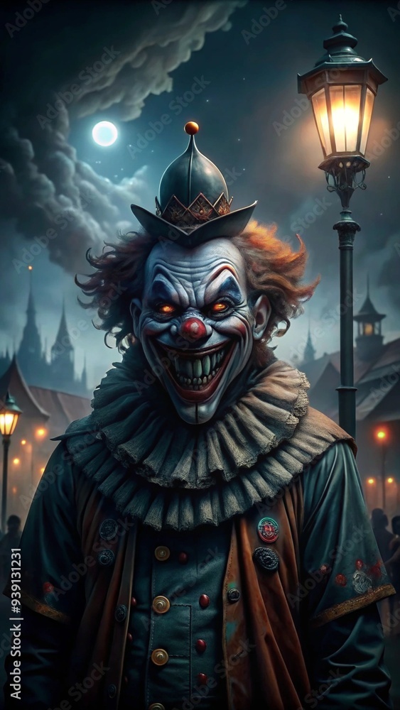 Fototapeta premium A sinister clown with a wide, unnerving grin, standing under a flickering streetlight in an empty carnival. 