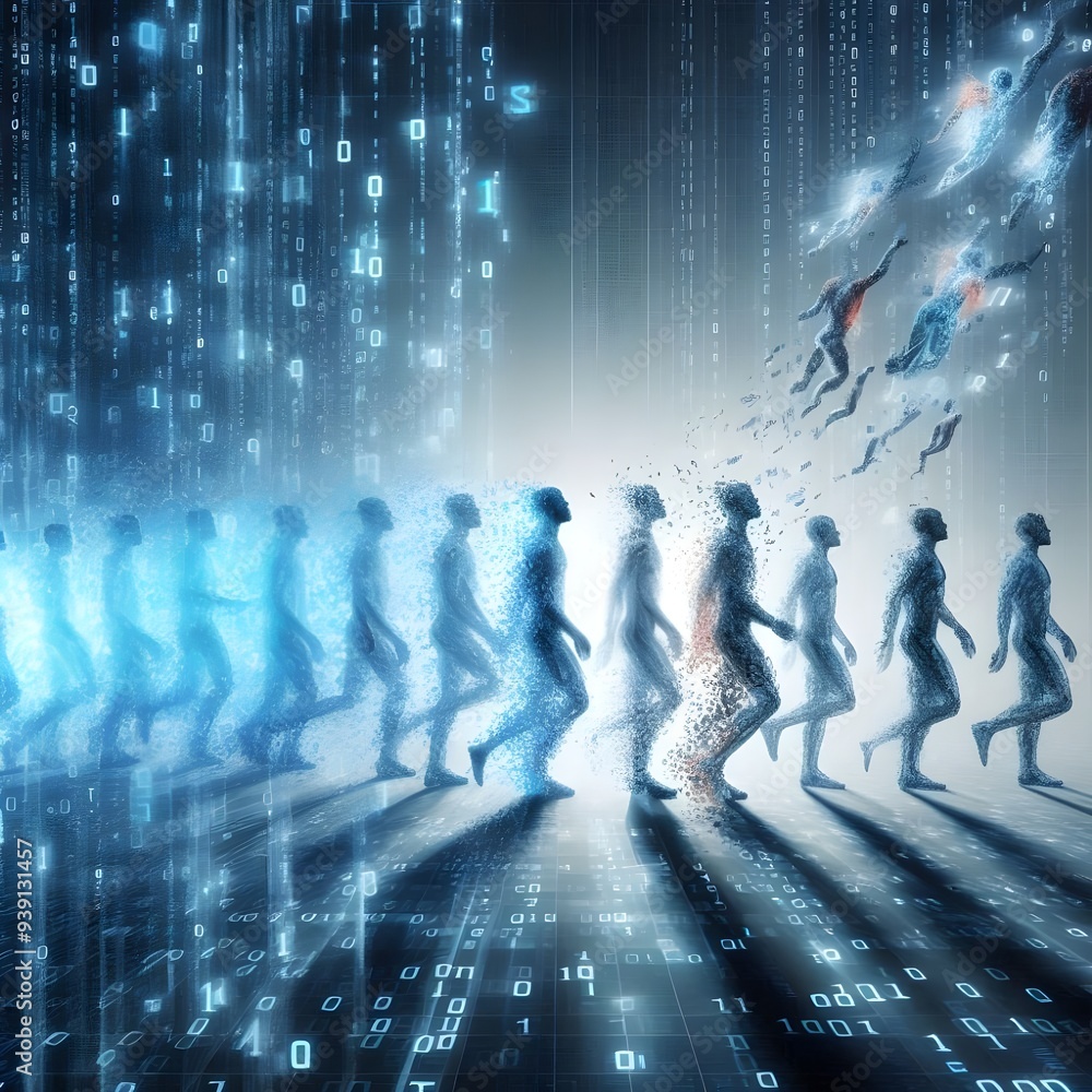 A conceptual image of humanity evolving into digital beings, with human silhouettes dissolving into binary code. A conceptual image of humanity evolving into digital beings, with human silhouettes dissolving into binary code.