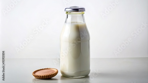 Glass bottle filled with fresh cold milk and capped with a milk cap, on a clean white background, symbolizing purity and freshness. photo