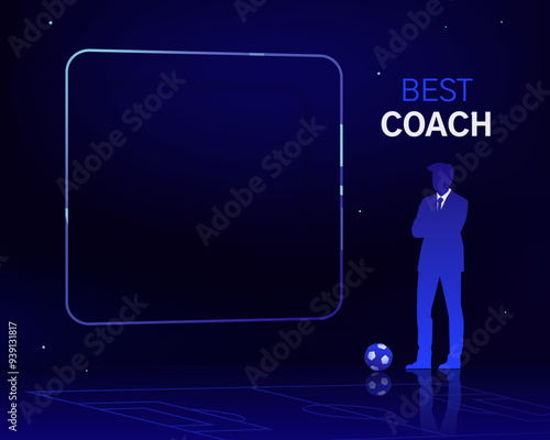 Football manager, man figure in suit and tie. Empty frame for text, football field with ball. High contrast background, bright colors, vector frame template. Award, title card, blog post, social media