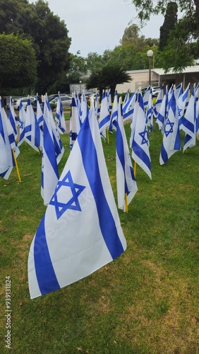 Israeli Flags Waving and Stationary on Yellow Poles - israel blue white כחול לבן דגל מגן דוד | דגלי ישראל מוטות צהובים חטופים