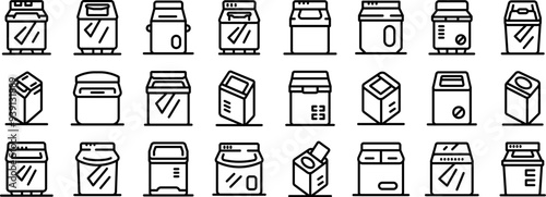 Top load washing machine icons set. Collection of bread maker icons, bread making machine icons, dough mixer