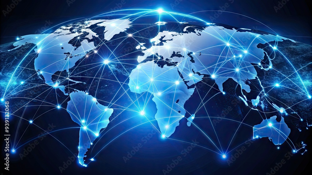 Global communication network of interconnected lines and nodes illuminating a dark blue world map, symbolizing modern technology and worldwide connectivity. Global communication network of interconnected lines and nodes illuminating a dark blue world map, symbolizing modern technology and worldwide connectivity.