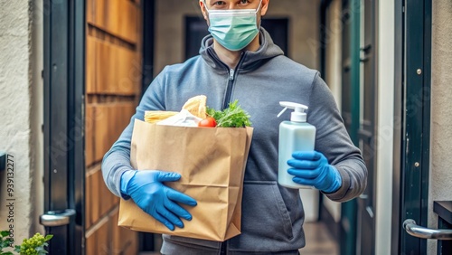 Gloved hand holding thermal bag with restaurant meal, surrounded by face masks and hand sanitizer, on a doorstep during the pandemic. photo