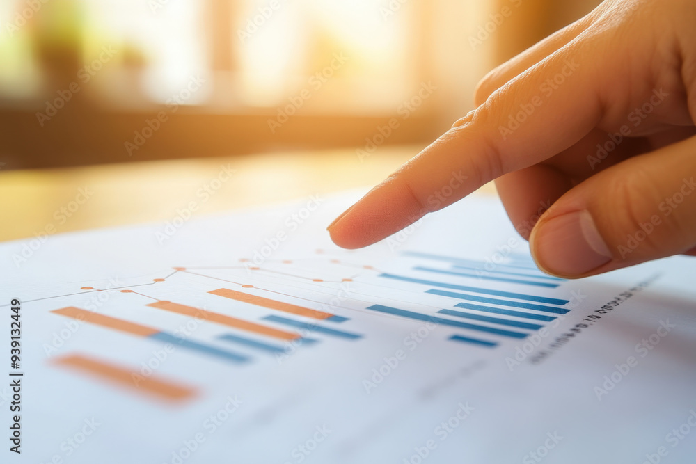 Businesswoman is analyzing a financial chart showing growth in a bright sunny office Businesswoman is analyzing a financial chart showing growth in a bright sunny office