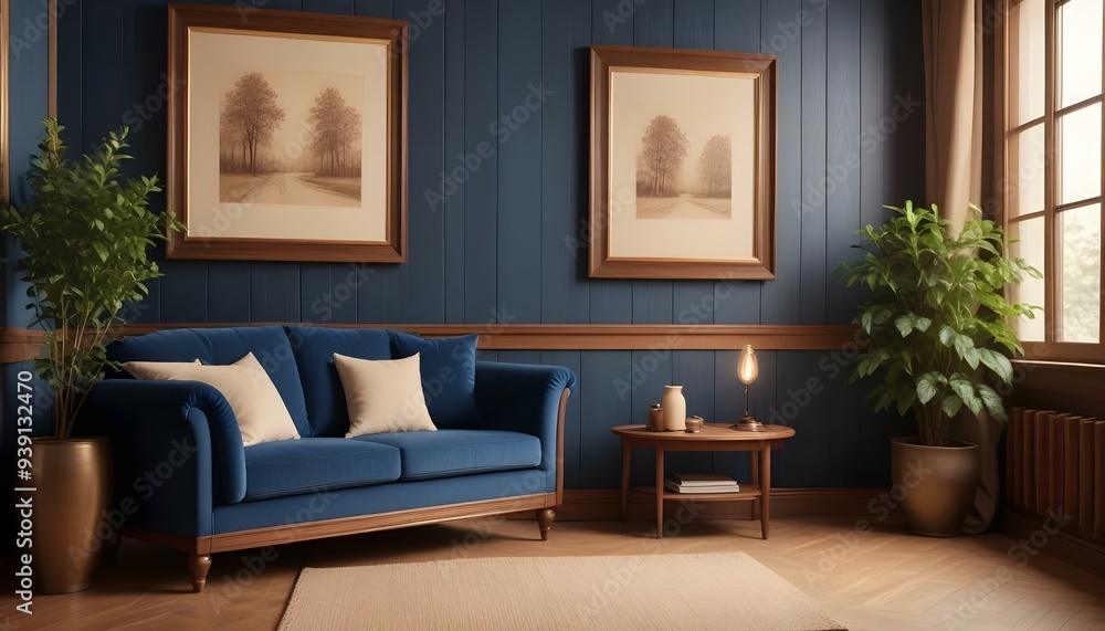 Interior mockup In a white room a blue sofa is placed next to a photo frame on the wall Interior mockup In a white room a blue sofa is placed next to a photo frame on the wall