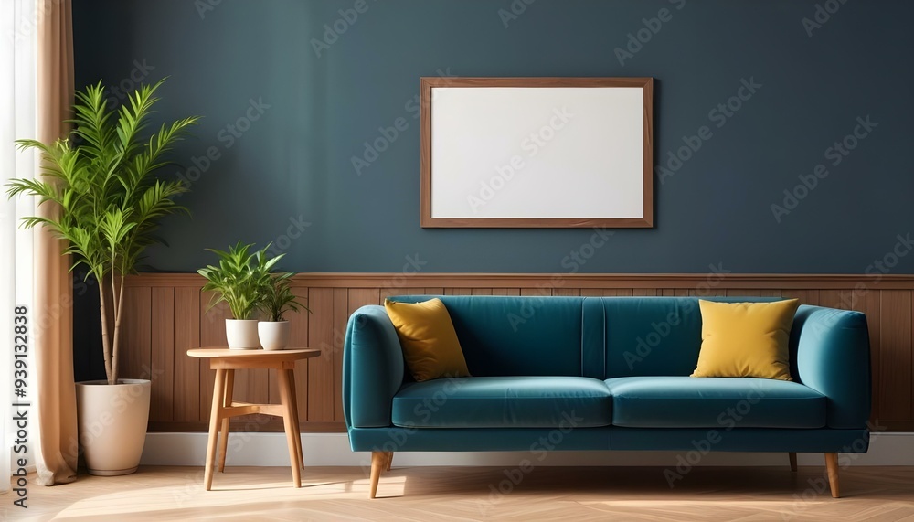 Interior mockup In a white room a blue sofa is placed next to a photo frame on the wall Interior mockup In a white room a blue sofa is placed next to a photo frame on the wall