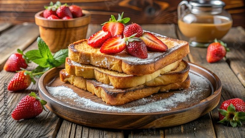 Wallpaper Mural Golden-brown French toast topped with powdered sugar, fresh strawberries, and maple syrup, served on a rustic wooden plate against a soft, natural background. Torontodigital.ca