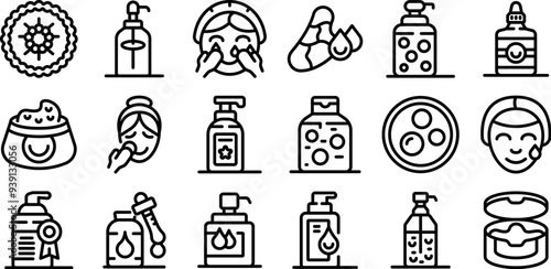 Hydrophilic oil icons set. Beautician applying face cream and other cosmetic products line icons set for apps and websites