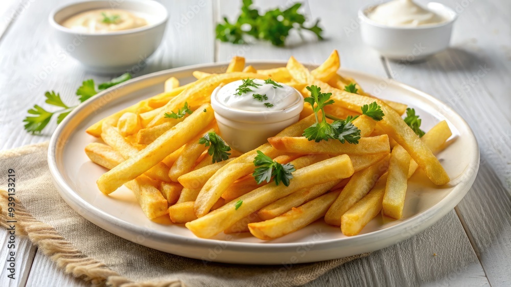 Golden crispy frites artfully arranged on a pristine white plate, garnished with fresh parsley and a dollop of creamy aioli, against a clean minimalist background. Golden crispy frites artfully arranged on a pristine white plate, garnished with fresh parsley and a dollop of creamy aioli, against a clean minimalist background.