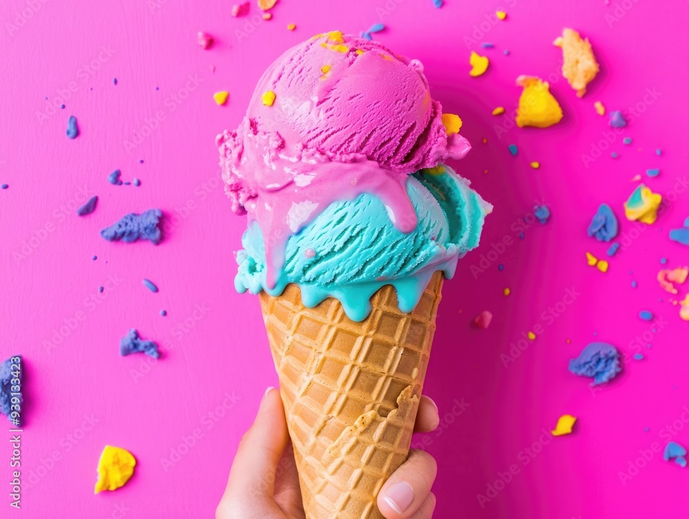 Colorful ice cream cone with pink and blue scoops on vibrant pink background, perfect for summer themes and dessert promotions. Colorful ice cream cone with pink and blue scoops on vibrant pink background, perfect for summer themes and dessert promotions.