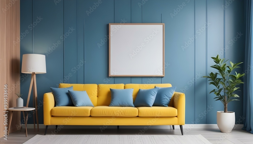 Interior mockup In a white room a blue sofa is placed next to a photo frame on the wall Interior mockup In a white room a blue sofa is placed next to a photo frame on the wall