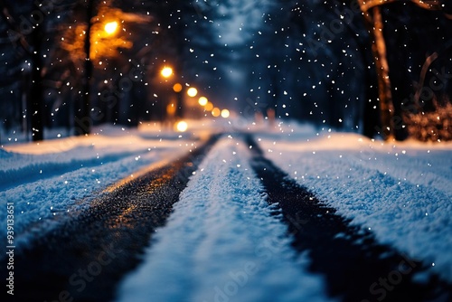 A serene winter scene showcasing snow-covered roads illuminated by glowing street lamps, creating a magical nighttime ambiance.