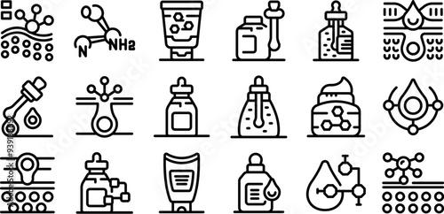 Niacinamide icons set. Exploring the science behind skincare with icons depicting nanotechnology and biochemical processes for enhanced product development