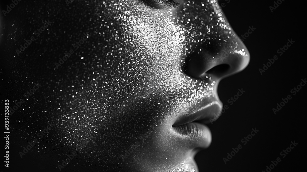 A monochrome side profile with smooth skin and silver glitter across the cheek and nose, resembling stardust, creates a clean, minimalist composition with a dramatic, introspective flair. A monochrome side profile with smooth skin and silver glitter across the cheek and nose, resembling stardust, creates a clean, minimalist composition with a dramatic, introspective flair.