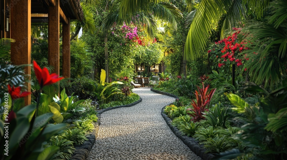 A serene path leading to a villa, surrounded by lush green plants and flowers, exuding tranquility A serene path leading to a villa, surrounded by lush green plants and flowers, exuding tranquility