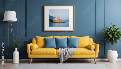 Interior mockup In a white room a blue sofa is placed next to a photo frame on the wall