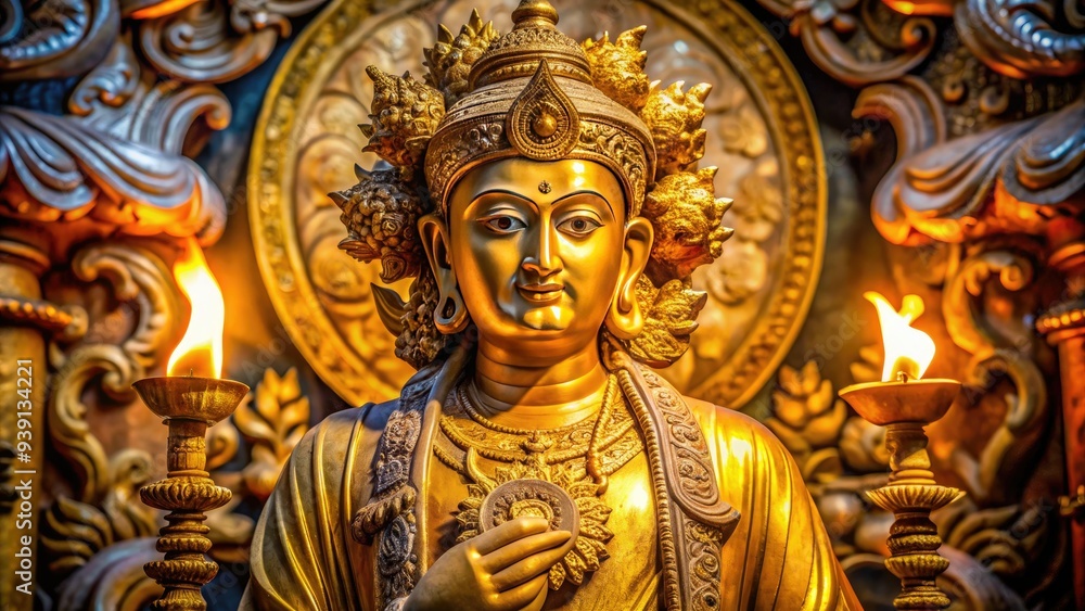 Golden statue of a revered patron saint with a gentle expression, adorned with a flame above his head, surrounded by intricate stone carvings and ambient light. Golden statue of a revered patron saint with a gentle expression, adorned with a flame above his head, surrounded by intricate stone carvings and ambient light.
