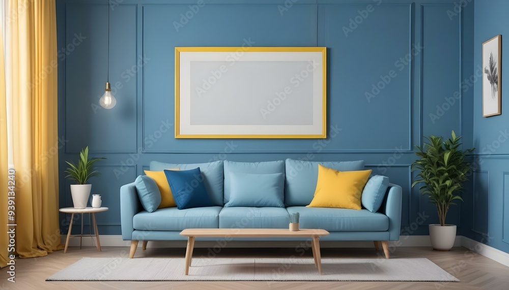 Interior mockup In a white room a blue sofa is placed next to a photo frame on the wall Interior mockup In a white room a blue sofa is placed next to a photo frame on the wall