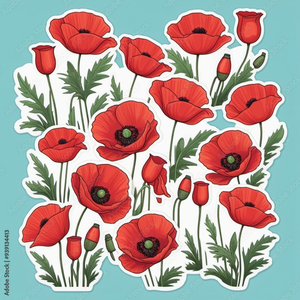 Obraz premium Red poppies, green leaves, stems. Poppies are depicted in various stages of bloom, with some fully open and others in bud. Soft back, creating delicate romantic feel. Copy space. Postcard or layout.