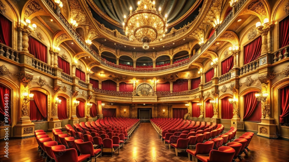 Obraz premium Grand, opulent theatre auditorium with plush red seats, ornate gold balconies, and a majestic stage, bathed in soft, warm, golden light, awaiting a performance.