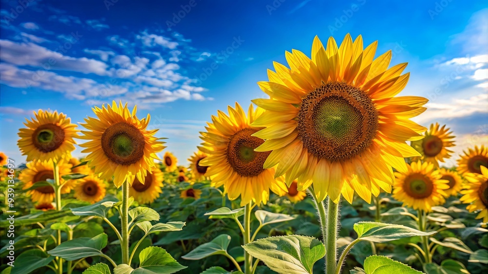 Vibrant sunflowers blooming against a bright blue sky in a colorful garden setting Vibrant sunflowers blooming against a bright blue sky in a colorful garden setting