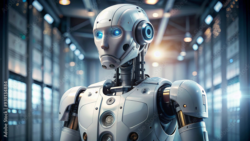 Fototapeta premium a white robot with blue eyes and a blue eye.