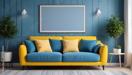 Interior mockup In a white room a blue sofa is placed next to a photo frame on the wall