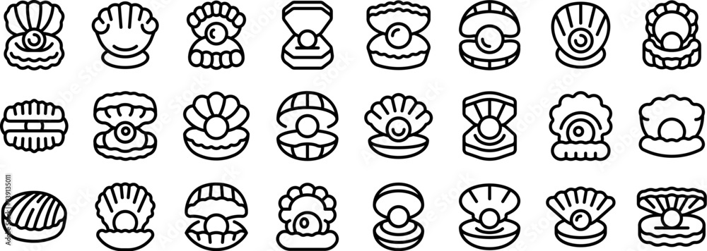 Seashells pearls icons set. Set of various pearl jewelry and oyster shell icons featuring open and closed shells with pearls Seashells pearls icons set. Set of various pearl jewelry and oyster shell icons featuring open and closed shells with pearls