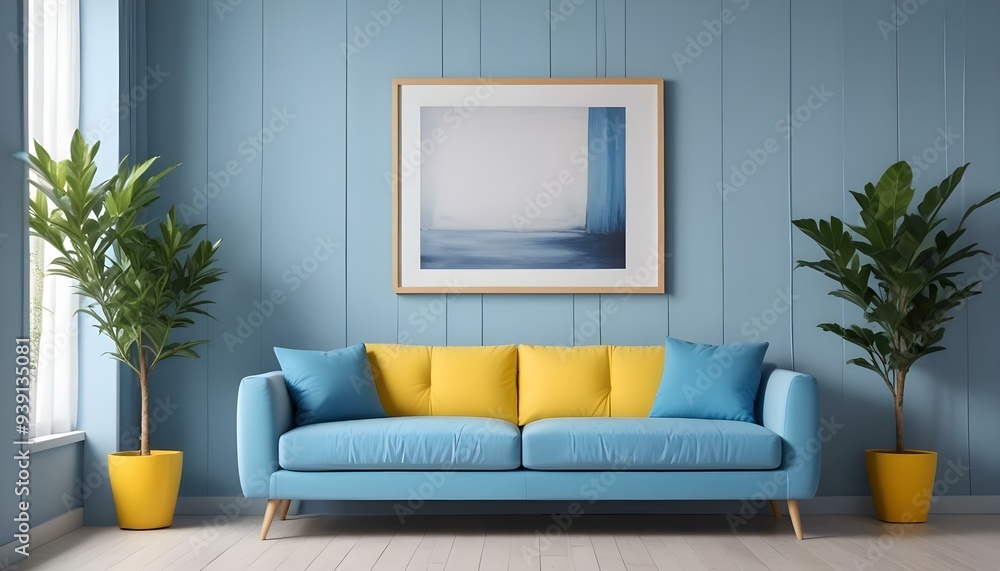 Interior mockup In a white room a blue sofa is placed next to a photo frame on the wall Interior mockup In a white room a blue sofa is placed next to a photo frame on the wall