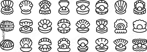 Seashells pearls icons set. Set of various pearl jewelry and oyster shell icons featuring open and closed shells with pearls