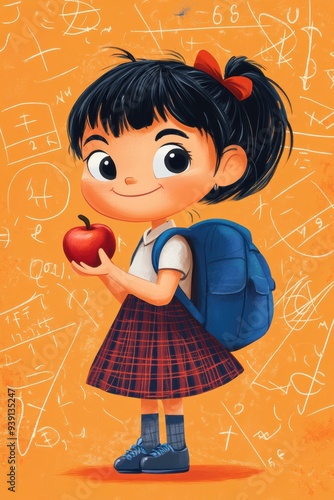 Smiling Schoolgirl Holding Apple with Backpack. Set against a background filled with math doodles, she represents the excitement of back-to-school season photo