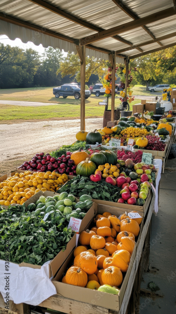 Fototapeta premium Farmers market with an abundance of pumpkins, apples, and fresh produce. AI generative.