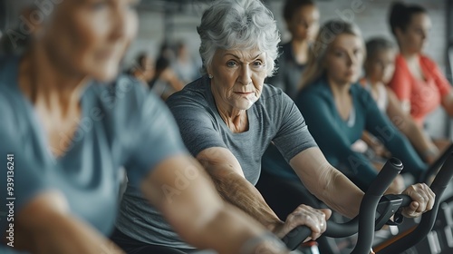 A group of individuals, including an older woman, engaged in a cycling workout in a fitness studio.