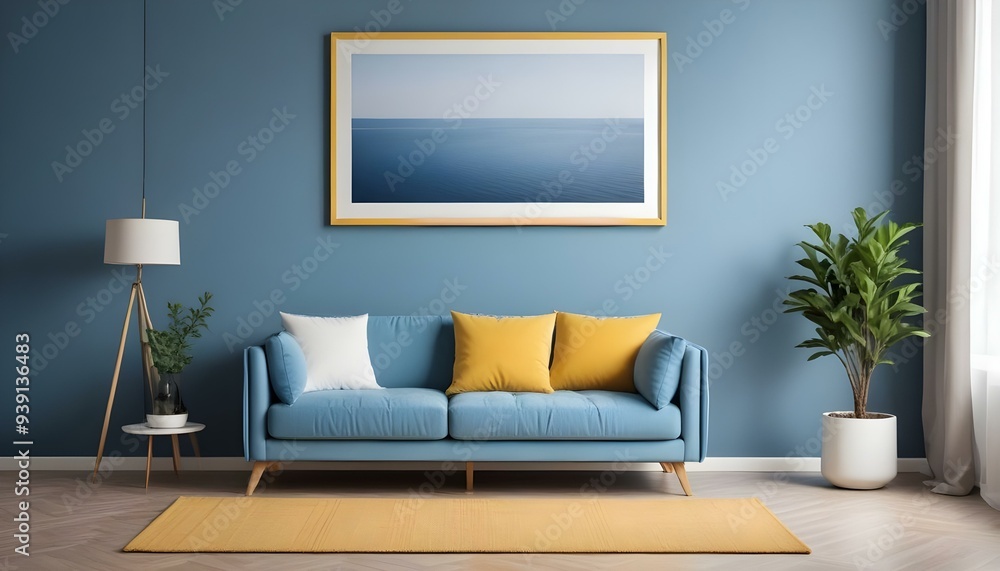 Interior mockup In a white room a blue sofa is placed next to a photo frame on the wall Interior mockup In a white room a blue sofa is placed next to a photo frame on the wall