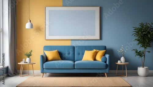 Interior mockup In a white room a blue sofa is placed next to a photo frame on the wall