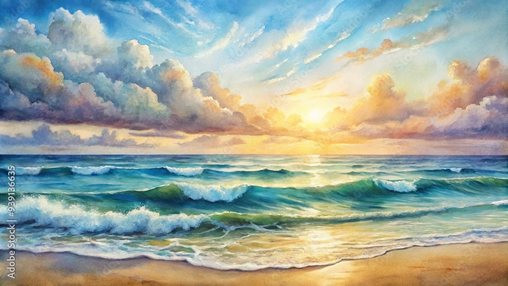 Obraz premium Watercolor painting of a serene seascape with rolling waves under a cloudy sky