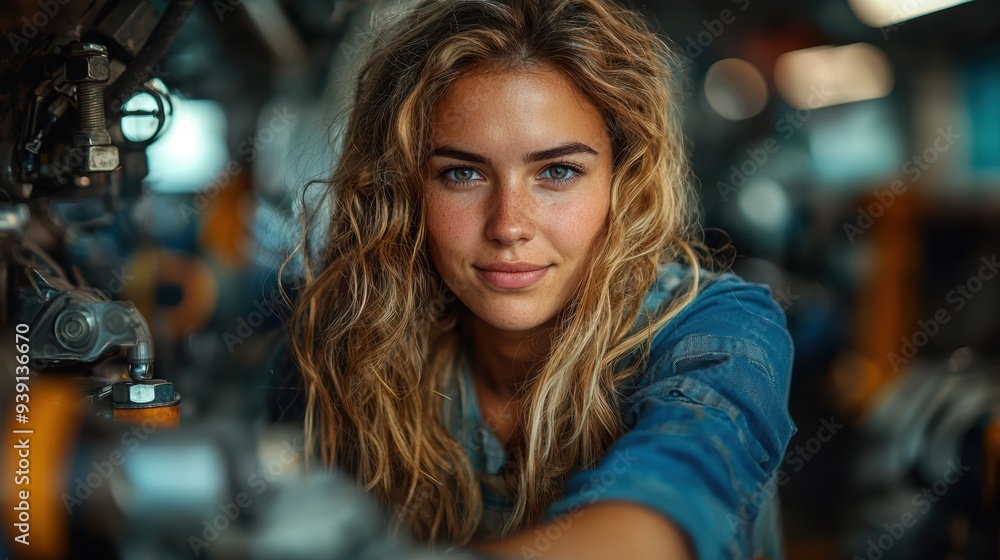 Female mechanic working on car engine in workshop