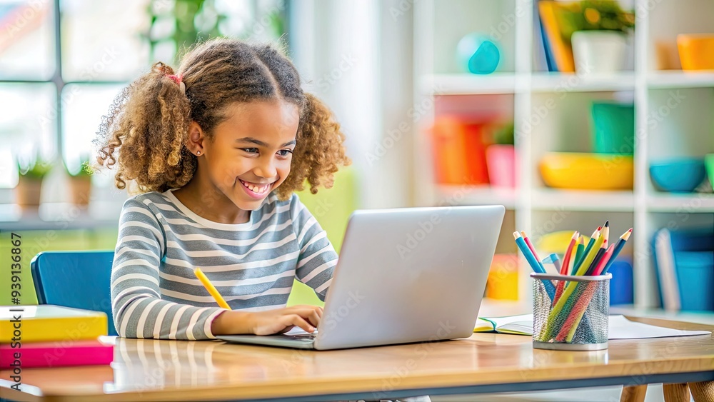 Happy elementary-aged student sitting at desk, smiling while typing on laptop, surrounded by colorful pens, papers, and books in a modern classroom setting. Happy elementary-aged student sitting at desk, smiling while typing on laptop, surrounded by colorful pens, papers, and books in a modern classroom setting.