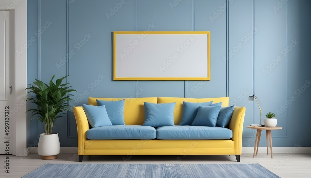 Interior mockup In a white room a blue sofa is placed next to a photo frame on the wall Interior mockup In a white room a blue sofa is placed next to a photo frame on the wall