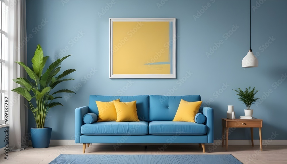 Interior mockup In a white room a blue sofa is placed next to a photo frame on the wall Interior mockup In a white room a blue sofa is placed next to a photo frame on the wall
