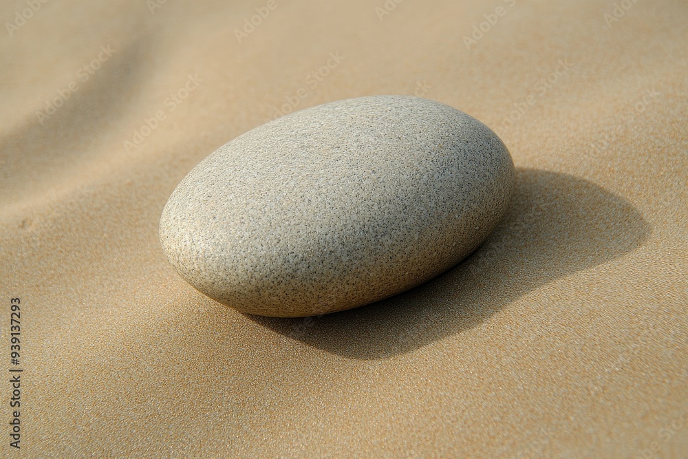 A solitary smooth stone resting on soft, fine sand, creating a serene and tranquil natural scene for relaxation and mindfulness. A solitary smooth stone resting on soft, fine sand, creating a serene and tranquil natural scene for relaxation and mindfulness.