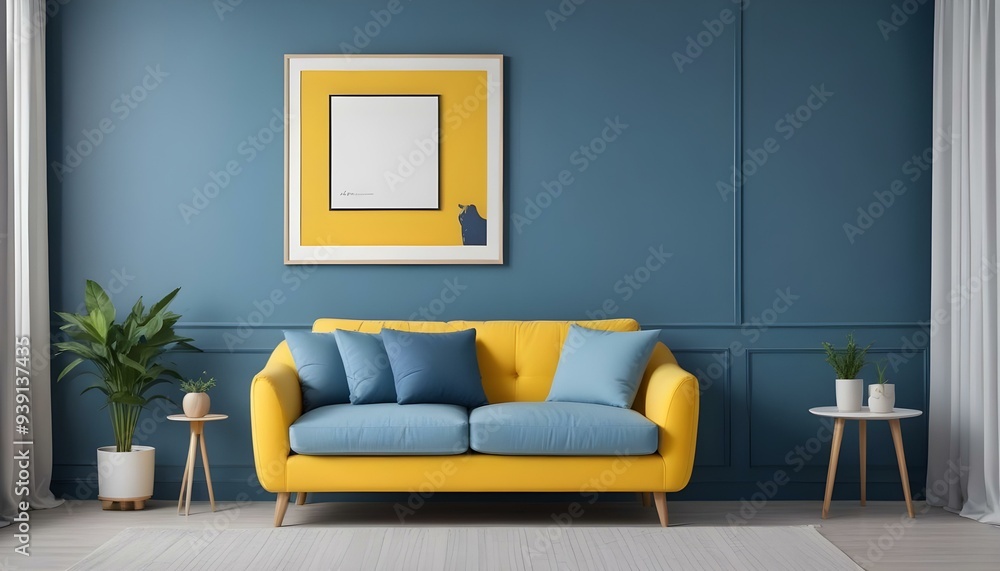 Interior mockup In a white room a blue sofa is placed next to a photo frame on the wall Interior mockup In a white room a blue sofa is placed next to a photo frame on the wall